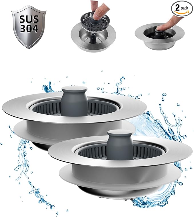Hibbent 2 Pack Upgraded 3 in 1 Kitchen Sink Drain Strainer and Stopper Combo by Hibbent