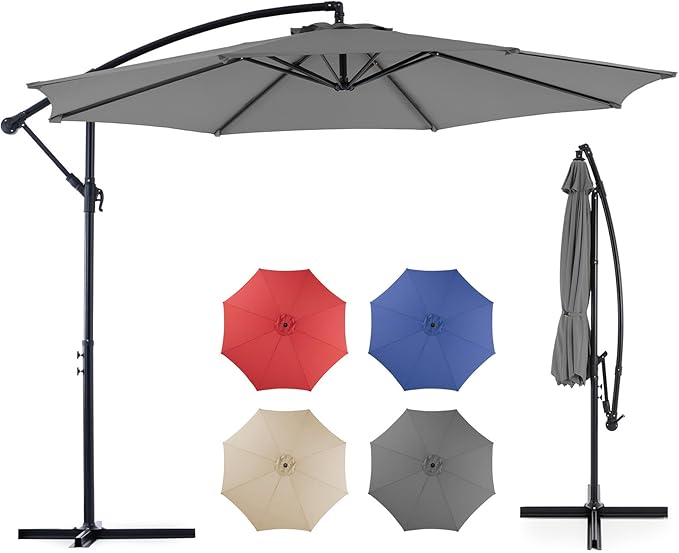 OLIXIS Offset Patio Umbrella, 9.7FT Cantilever Table Umbrellas for Outdoor Sun Shade UV Protection with Easy Tilt Adjustment, 8 Ribs for Backyard, Lawn, Garden, Pool - Grey by OLIXIS