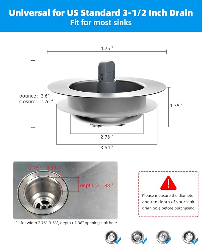Hibbent Upgraded 2 Pack 3 in 1 Kitchen Sink Drain Strainer and Stopper Combo - Image 7