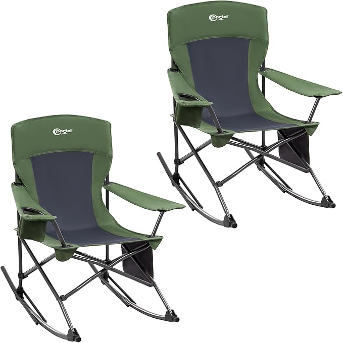 Portal Outdoor Rocking Chair Camping Folding Portable Rocker with Cup Holder Side Pocket Carry Bag, Support 350LBS (Green), 2 Pack by PORTAL
