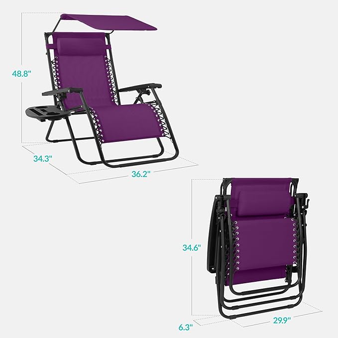 Best Choice Products 30” Wide Folding Zero Gravity Outdoor Recliner Patio Lounge Chair w/Adjustable Canopy Shade, Headrest, Side Accessory Tray - Amethyst Purple - Image 2