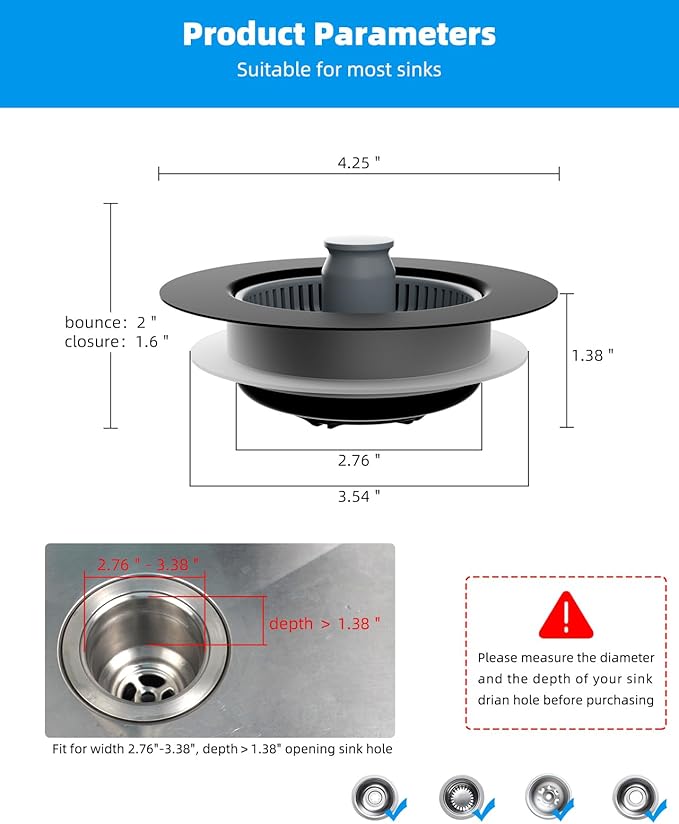 Hibbent 2 Pack 3 in 1 Kitchen Sink Drain Strainer and Stopper Combo, Stainless - Image 7