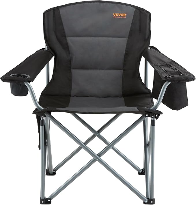 VEVOR Oversized Camping Folding Chair, Portable Heavy Duty Outdoor Quad Lumbar Back Padded with Side Pockets, Cup Holder and Cooler Bag for Beach, Lawn, Picnic, Fishing, Backpacking, Black - Image 6