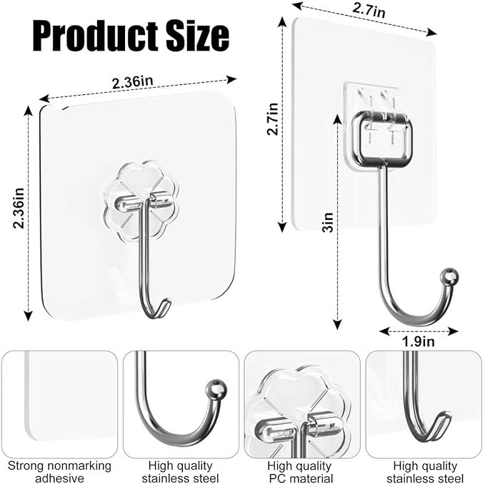 30Pack Adhesive Hooks Set, Stainless Steel Clear Sticky Hooks, Heavy Duty Wall - Image 2