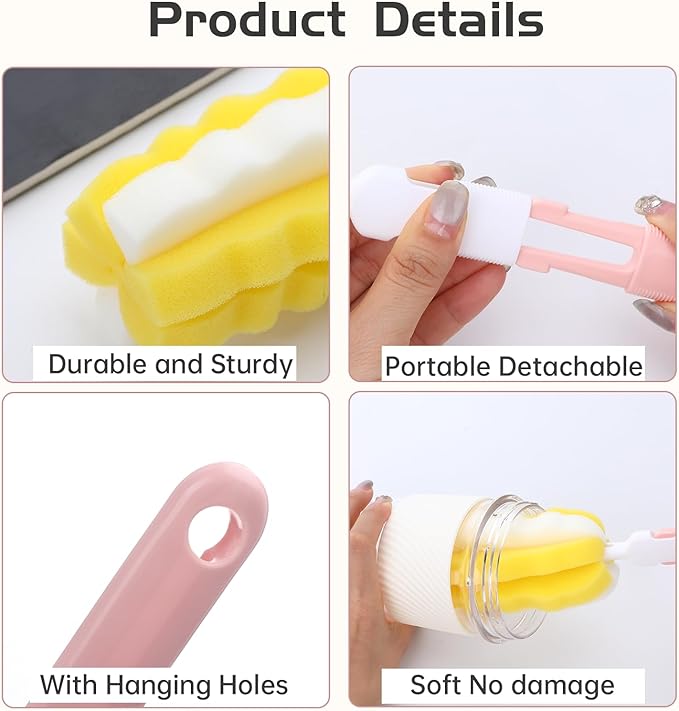 4 Pcs Bottle Brush Sponge, Cup Water Bottle Sponge Brush Cleaner, Detachable - Image 3