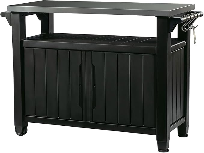 Keter Unity XL Portable Outdoor Table with Stainless Steel Top for Kitchen Prep and Outdoor Storage Cabinet for Grilling Accessories, Dark Grey by Keter