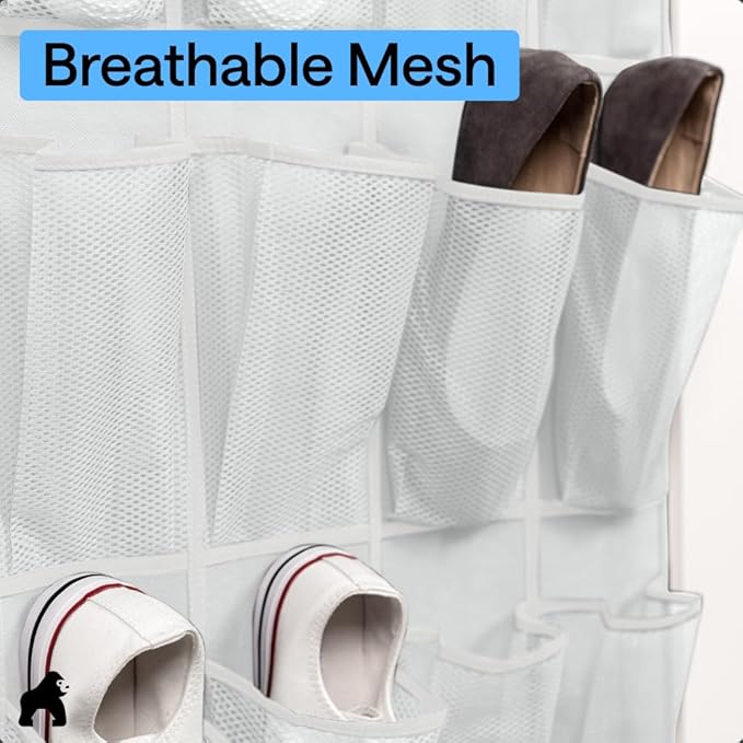 GORILLA GRIP Over the Door Shoe Organizer, 24 Large Breathable Mesh Pockets - Image 5
