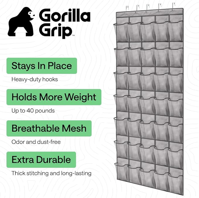 GORILLA GRIP Over the Door Shoe Organizer, 35 Large Breathable Mesh Pockets - Image 2