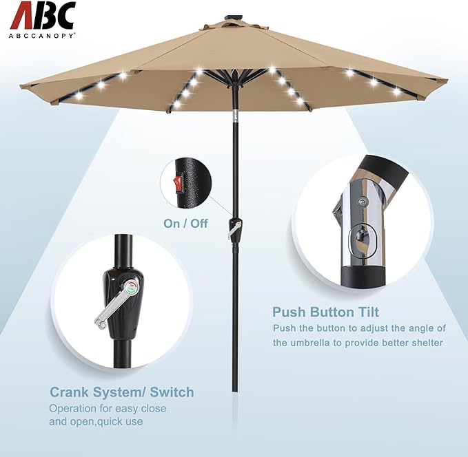ABCCANOPY Outdoor 11FT Solar Led Patio Umbrellas with 32LED Lights (Tan) - Image 4