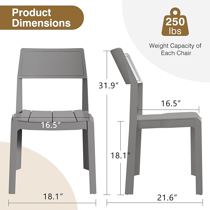 VECELO 4 Pack Stackable Dining Chairs, Plastic Patio Chairs for Indoor Outdoor Use in Kitchen, Poolside, No Assembly, Gray - Image 2