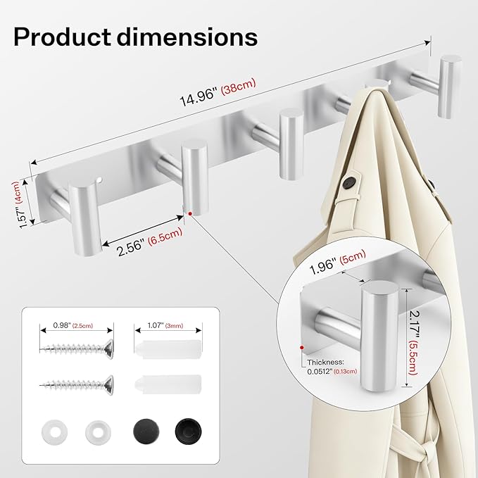 Silver Coat Hooks, Bags & Towels, Heavy-Duty Metal Rail - Image 2