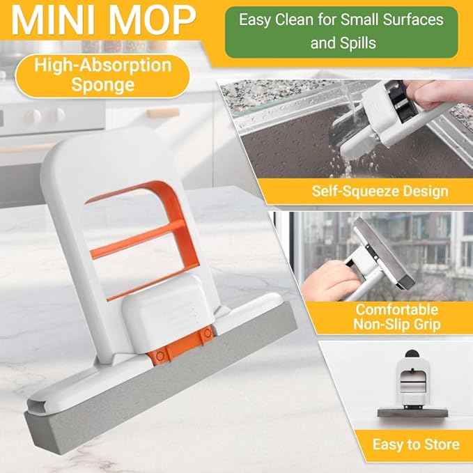 2 Pcs Mini Mop for Small Spaces, Foldable Self-Squeeze Wet and Dry Sponge Mop - Image 3