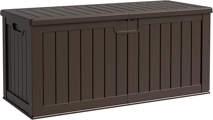 Flamaker Resin Deck Box 250 Gallon, Waterproof Imitation-Wood Lockable Storage Box with Separator Plate Outdoor Indoor, Garden, Patio Furniture for Tools&Pool Accessories (Deep Brown) by Flamaker