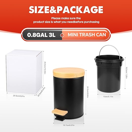 Small Bathroom Trash Can with Natural Bamboo Lid Soft Close，3 Liter / 0.8 - Image 4