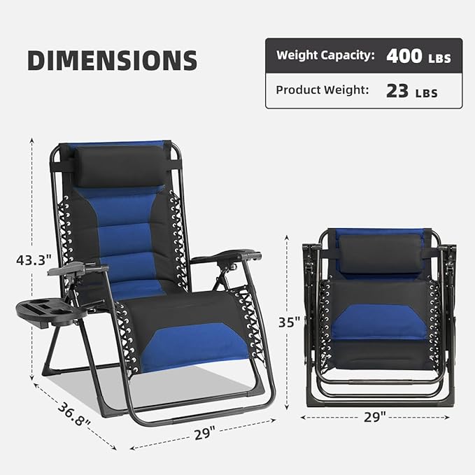 Zero Gravity Chair Oversized Folding Recliner XL, Padded Anti Gravity Lounge Chair with Adjustable Pillow & Cup Holder for Outdoor Camping, Patio, Poolside, Lawn (Black & Blue) - Image 3