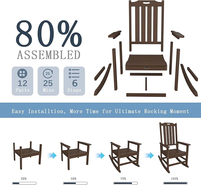 Oversized Rocking Chair, Outdoor Rocking Chair for Adults, All Weather Resistant Porch Rocker for Lawn Garden, Brown - Image 9