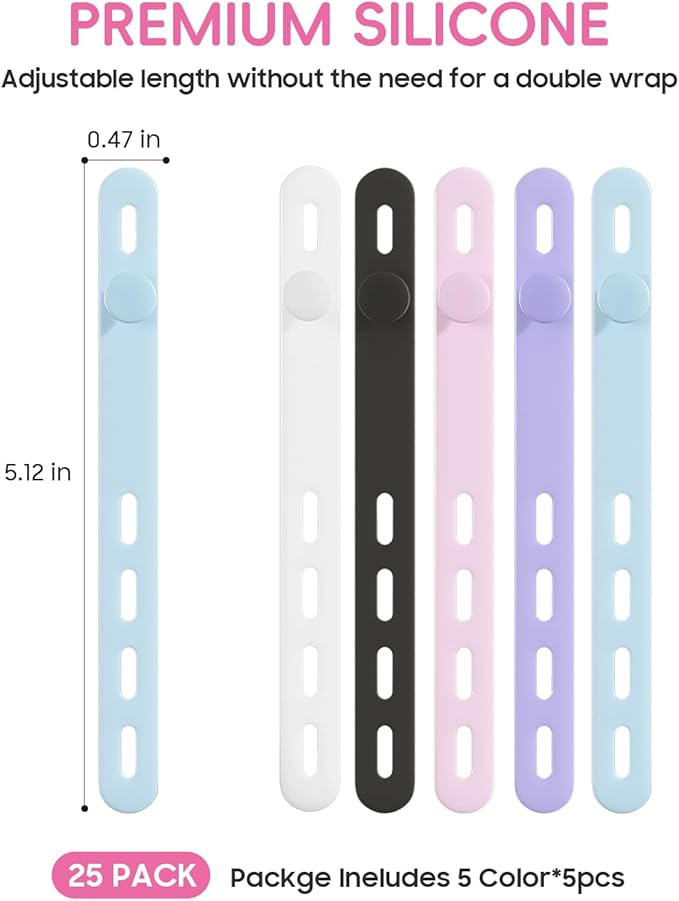 25Pack Silicone Cable Ties, Reusable Cord Organizer - Image 2
