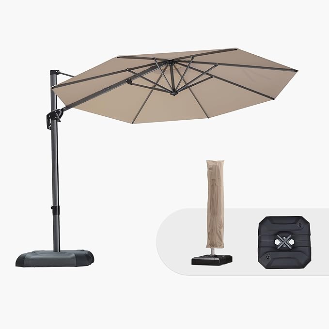 PURPLE LEAF 10 Feet Patio Umbrella with Base and Cover Round Outdoor Cantilever Umbrella Aluminum Offset Umbrella with 360-degree Rotation for Garden Deck Pool Patio Beige by PURPLELEAF