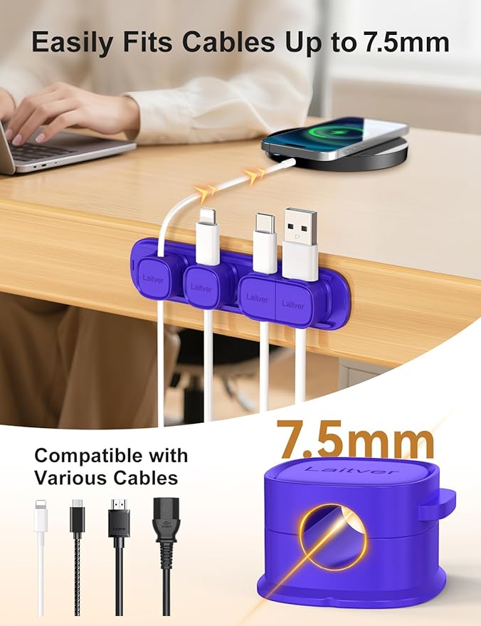 6 Pack Magnetic Cable Clips, Laitver Cord Organizer Holder Strong Adhesive Desk - Image 7