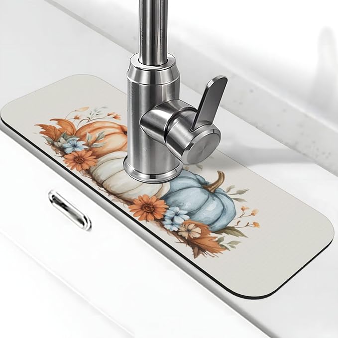 Kitchen Sink Splash Guard Faucet Mat Autumn Pumpkin Floral 15"x5.5", Diatom Mat by Nameapo