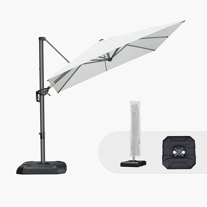 PURPLE LEAF 8'×8' Patio Cantilever Umbrella with Base Included Offset Outdoor Umbrella with cover Square umbrella outdoor patios for Backyard Pool Garden White by PURPLELEAF