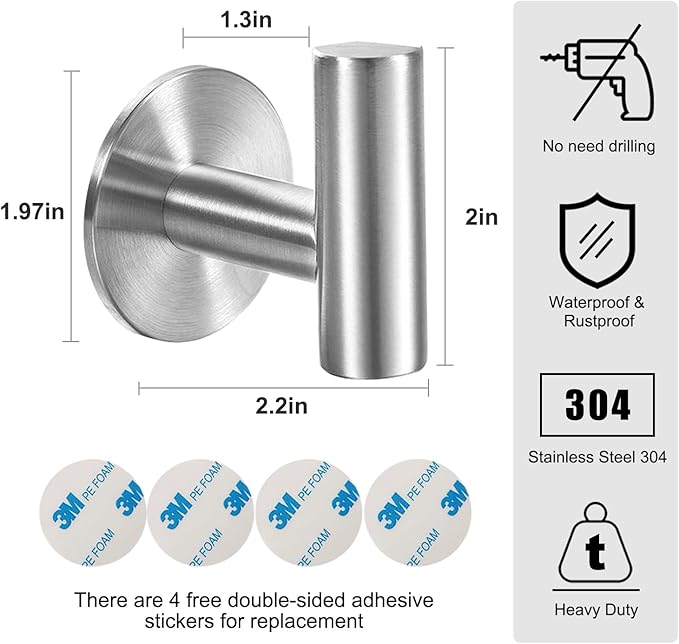 Vuzvuv Adhesive Brushed Nickel SUS304 Stainless Steel Towel Hooks – Heavy Duty - Image 2