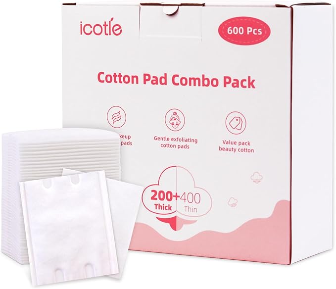 600 PCS Square Cotton Pads, Soft and Lint-Free, Includes 400 Ultra-Thin and 200 by icotle