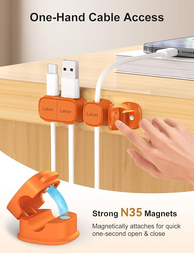 6 Pack Magnetic Cable Clips, Laitver Cord Organizer Holder Strong Adhesive Desk - Image 4