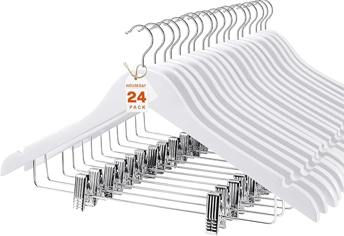 HOUSE DAY Wooden Hangers with Clips 24 Pack, Heavy Duty White Wood Pants Hanger by HOUSEDAY