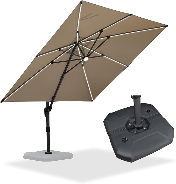 PURPLE LEAF 10 Feet Patio Umbrella with Base Outdoor Cantilever Solar Powered LED Square Umbrella Aluminum Offset Umbrella with 360-degree Rotation for Garden Deck Pool Patio, Beige by PURPLELEAF