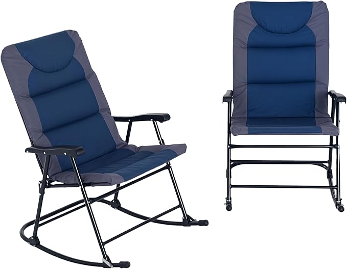 Outsunny Oversized Folding Rocking Camping Chair Set of 2, Padded Outdoor Rockers with High Back and Armrests, Portable Outdoor Patio Chairs with Steel Frame for Garden, Porch, Lawn, Navy Blue by Outsunny