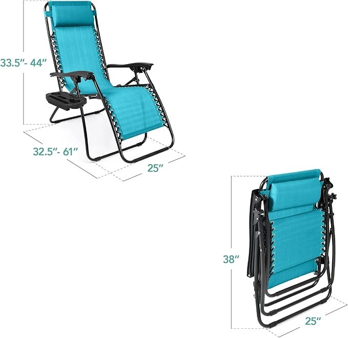 Best Choice Products Set of 2 Adjustable Steel Mesh Zero Gravity Lounge Chair Recliners w/Pillows and Cup Holder Trays - Peacock Blue - Image 3