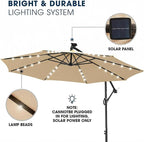 wikiwiki 10ft Solar LED Patio Umbrella with Base Included, Offset Umbrella with Weighted Sandbag Base, Cantilever Patio Umbrellas for Backyard, Garden & Deck, 32 LED Lights & Polyester Shade, Tan - Image 3