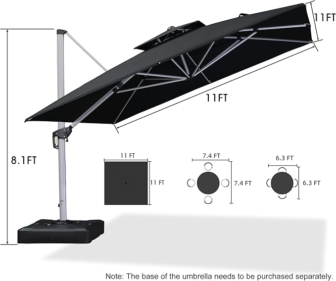 PURPLE LEAF 11 Feet Double Top Deluxe Square Patio Umbrella Offset Hanging Umbrella Outdoor Market Umbrella Garden Umbrella, Black - Image 8