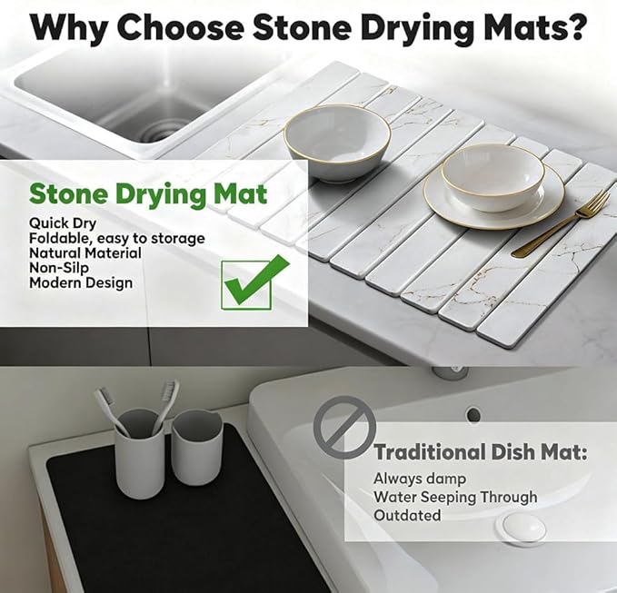Stone Drying Mat for Kitchen Counter, Quick Diatomaceous Earth Mats for Dishes - Image 3