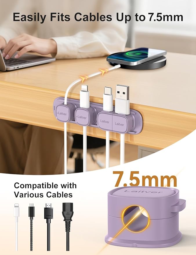 6 Pack Magnetic Cable Clips, Laitver Cord Organizer Holder Strong Adhesive Desk - Image 7