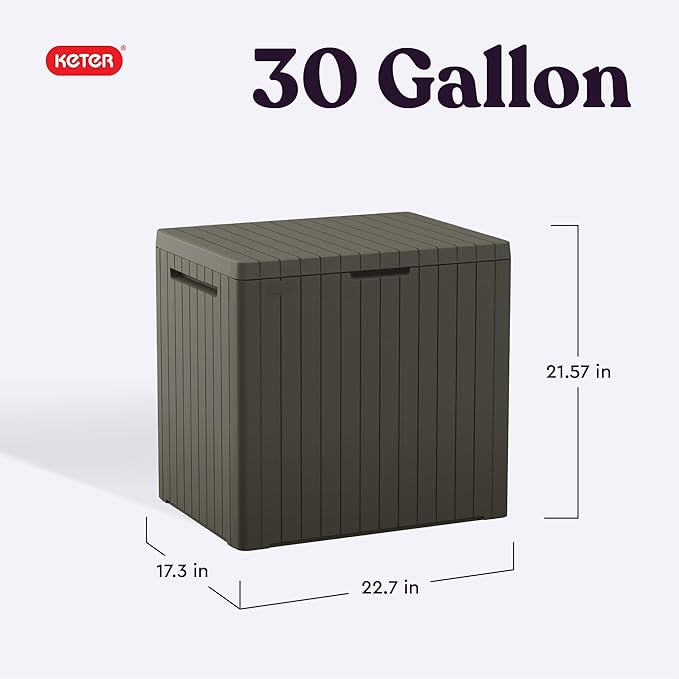 Keter City 30 Gallon Resin Outdoor Storage Box & Patio Side Table for Balcony, Pool, Deck & Garden Accessories, Weather‑Resistant, Mossy Brown - Image 2