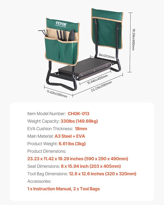 VEVOR Garden Kneeler and Seat, 330 lbs Load Capacity, 8" EVA Wide Pad, Foldable Garden Stool, Kneeling Bench for Gardening with Tool Bag, Gifts for Women, Grandparents, Seniors, Mom and Dad - Image 3
