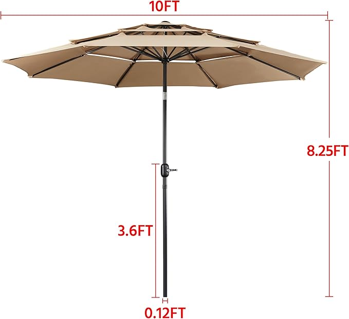 Yaheetech 3-Tier Patio Umbrella 10ft Vented Outdoor Canopy Sun Shade Large Market Table Umbrella Double-layer Cloth & Push-button Tilting for Yard/Garden/Park Tan - Image 8
