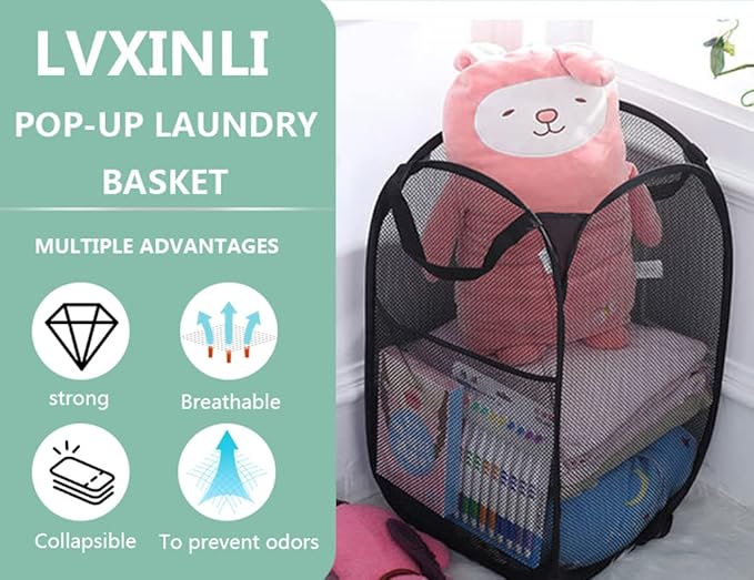 2 Pack Popup Laundry Hamper, Foldable Mesh Laundry Basket - Image 4