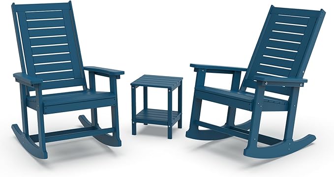 GREENVINES Outdoor Rocking Chair Set | 3-Piece | 2 Rocking Chairs with 1 Side Table | Porch Rocker | HDPE Plastic | Blue | Patio Furniture Sets | High Back | Big & Tall | Ladder Back by GreenVines