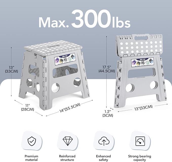 Delxo Folding Step Stool, 13 inch Non-Slip Foldable Stools for Kids & Adults Up to 300 LBS, Step Stool with Handle, Lightweight for Kitchen, Bathroom, Bedroom, Garden, Grey, 1PC - Image 2