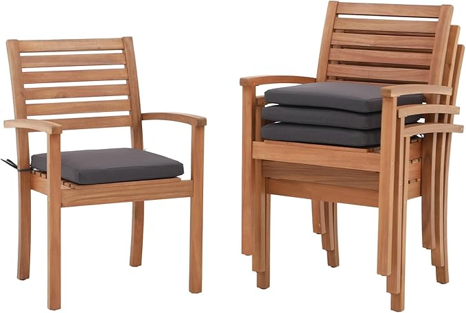 OC Orange-Casual Stackable Patio Dining Chairs Set of 4, Outdoor Acacia Wooden Chairs w/Armrest & Removeable Fabric Cushion, for Porch, Backyard, Garden, Indoor, Dark Grey by OCOrange-Casual