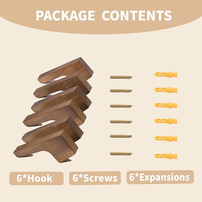 6 Pack Walnut Wood Wall Hooks – Handcrafted Solid Wood Hooks - Image 5