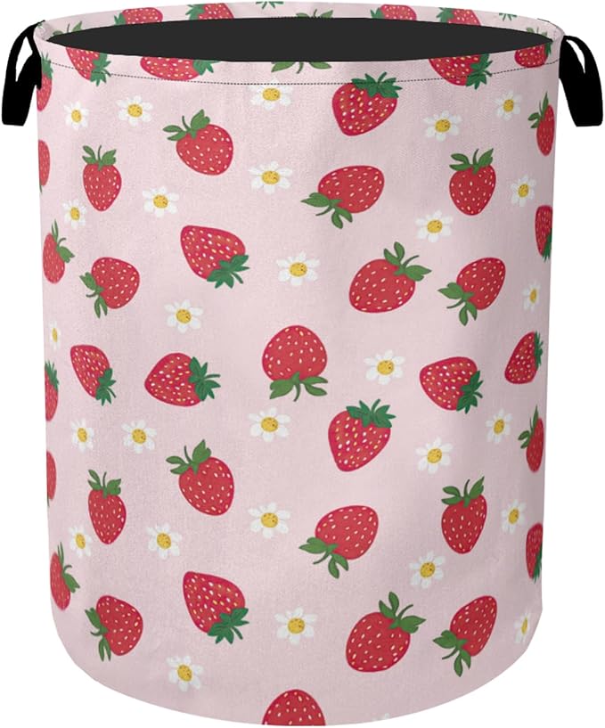 Cute Pink Strawberry Laundry Basket, Extra Large Foldable Hamper by Gearsly