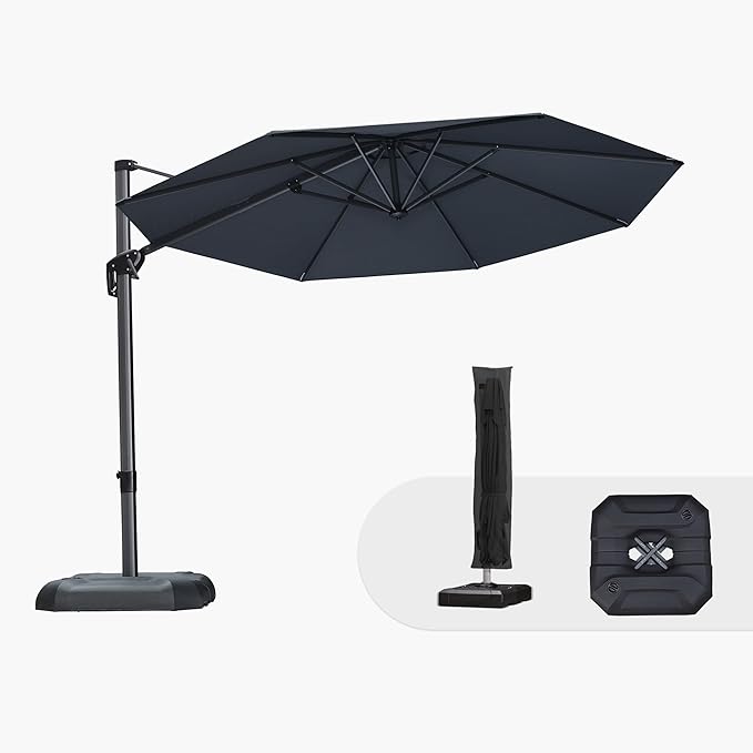 PURPLE LEAF 10 Feet Patio Umbrella with Base and Cover Round Outdoor Cantilever Umbrella Aluminum Offset Umbrella with 360-degree Rotation for Garden Deck Pool Patio Grey by PURPLELEAF