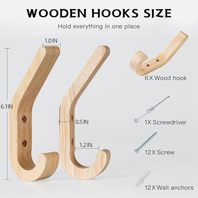 Wooden Coat Hooks for Wall, 6 Pack Wall Mounted Natural Wood Hooks, Modern - Image 6