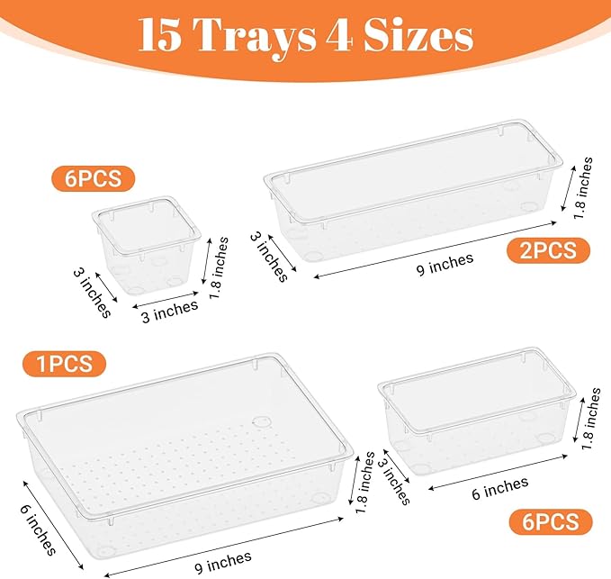 15 PCS Clear Plastic Drawer Organizer Set, 4-Size Acrylic Drawer Storage Trays - Image 3