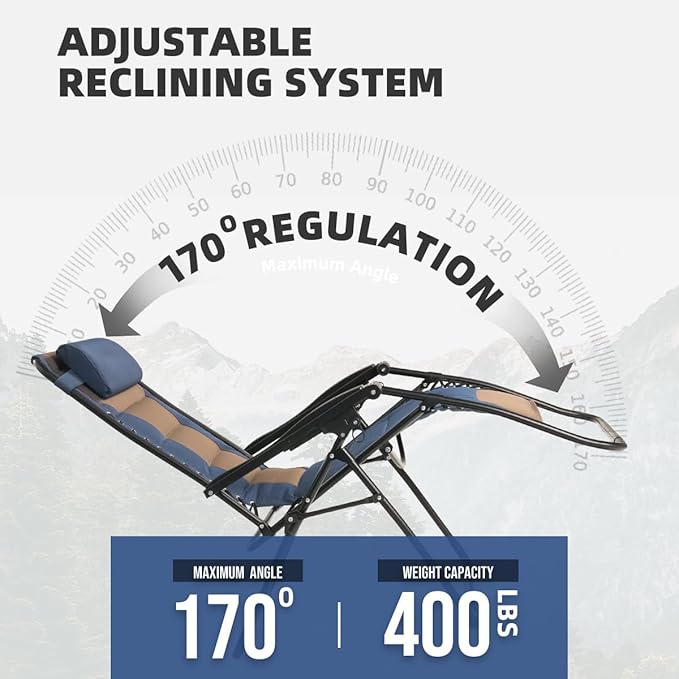 Zero Gravity Chair Set of 2 Oversized Padded Recliner with Adjustable Headrest & Cup Holder - 600D Oxford Folding Lounge Chair for Outdoor Camping, Patio, Poolside (Brown & Blue) - Image 7