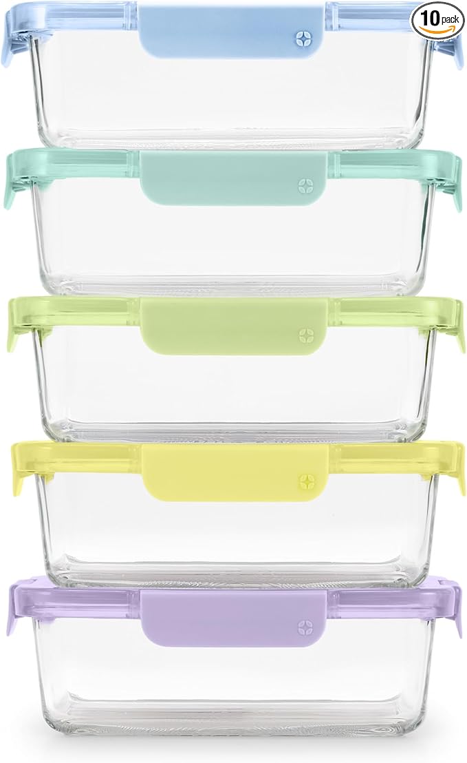 Ello Color Lock 5 Cup 10PC, 5 Pack Glass Meal Prep Sets Leak-Proof Glass Food by Ello